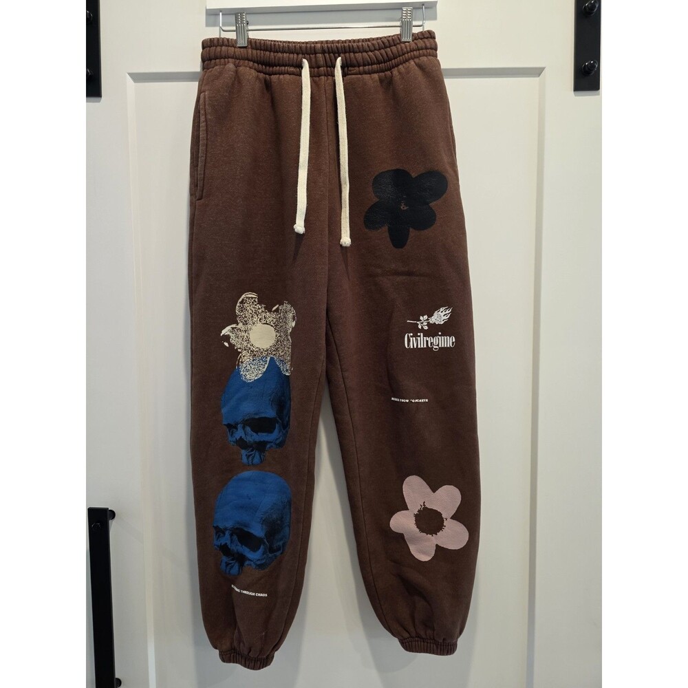 Civil Regime Jogger Sweatpants Brown Blooming Through Chaos Flame Skull M Flower